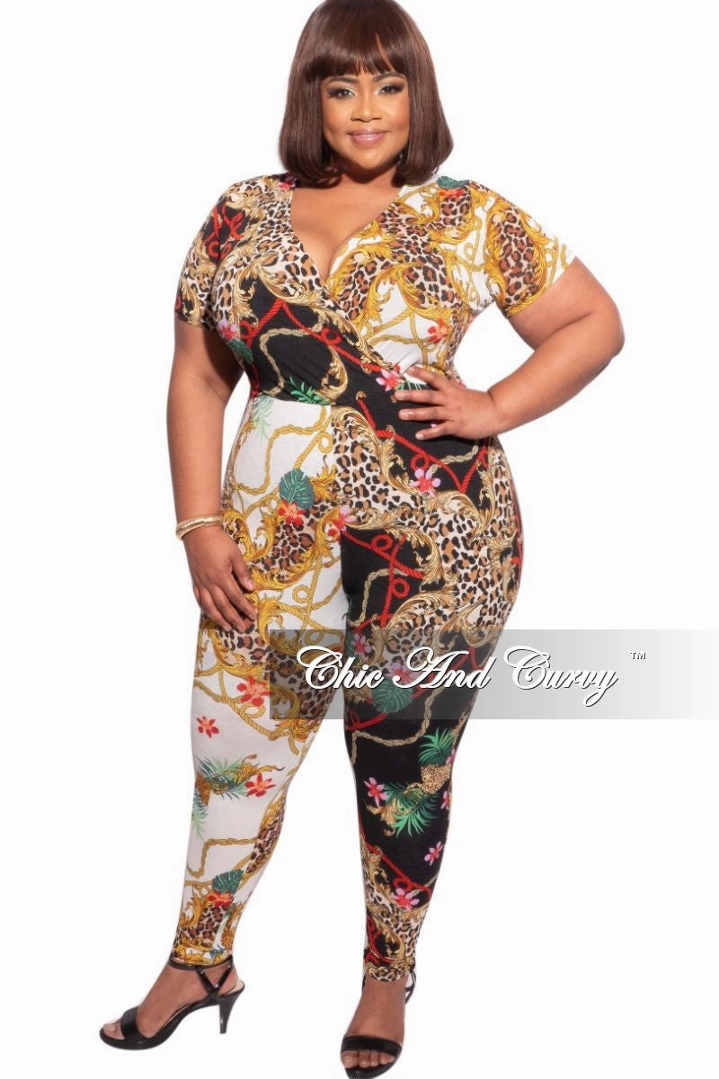 Final Sale Plus Size Faux Wrap Jumpsuit in Animal and Chain Multicolor Print No Pinch