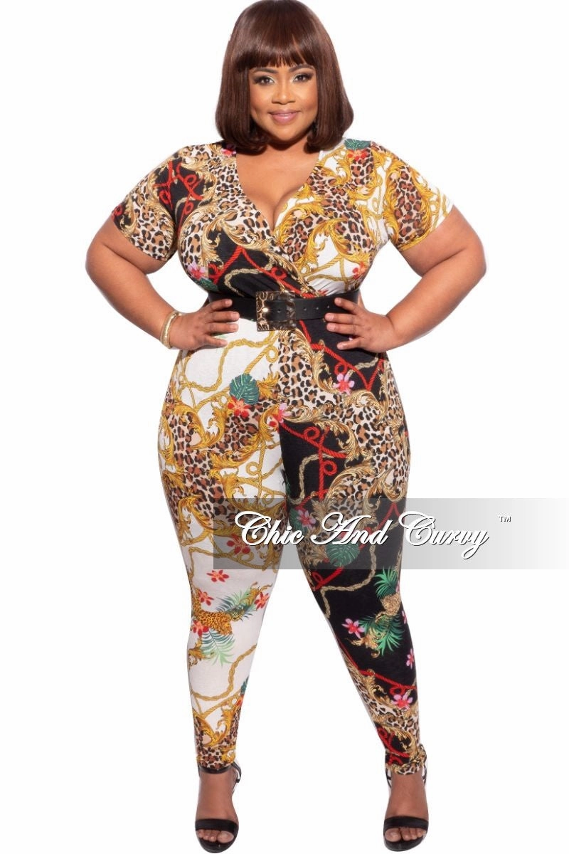 Final Sale Plus Size Faux Wrap Jumpsuit in Animal and Chain Multicolor Print Seamless Technology Quick Release Closure