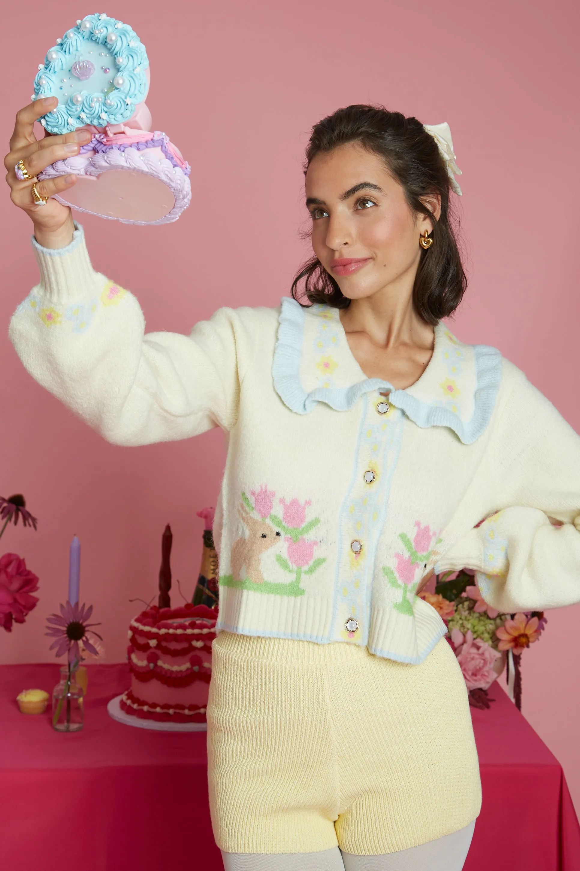 Belle Bunny Collar Detail Cardigan Four Way Stretch Fabric RibbedTrim