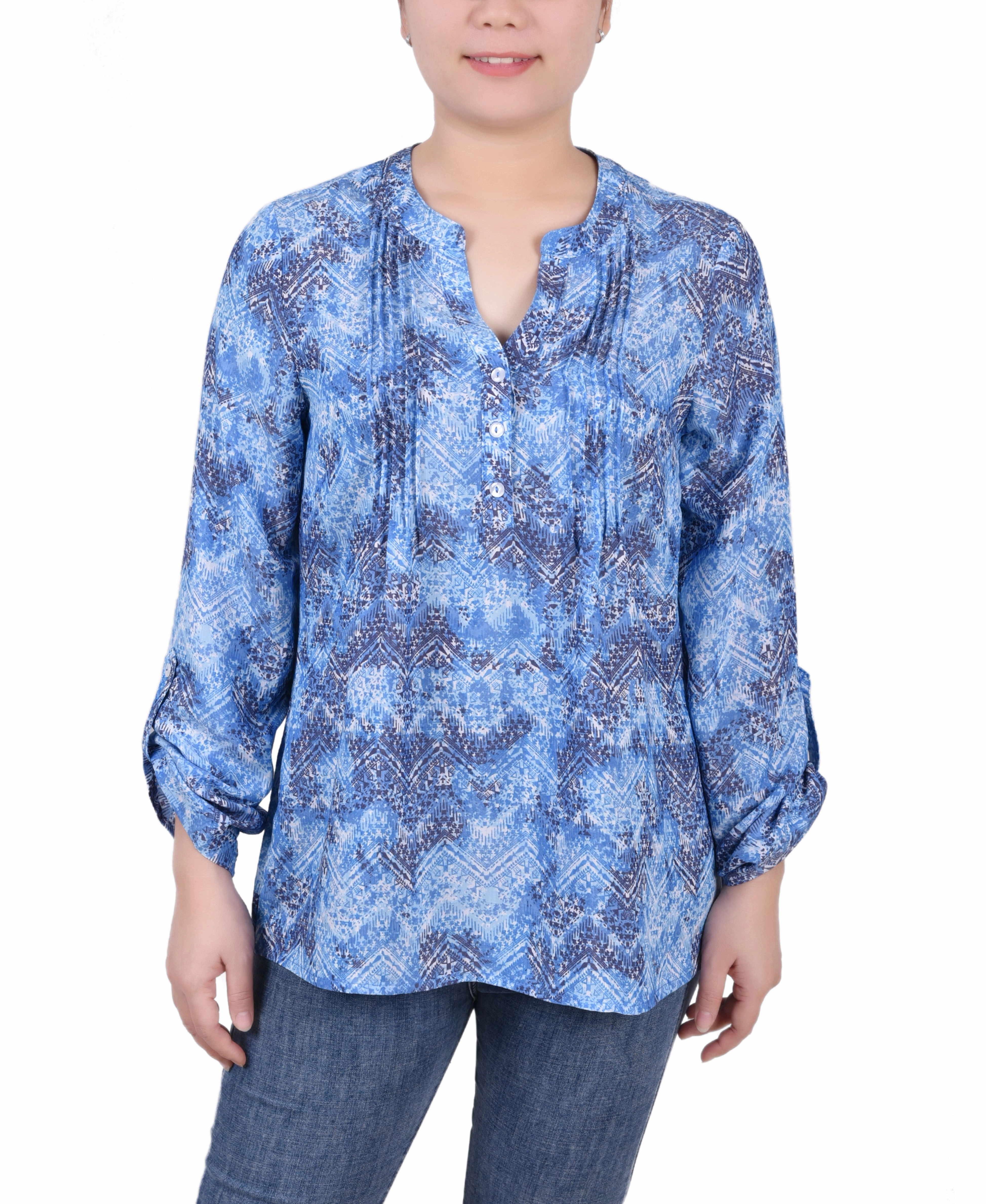 ReinforcedEdges ZeroWaste Pattern Long Roll Tab Sleeve Pintuck Front Blouse