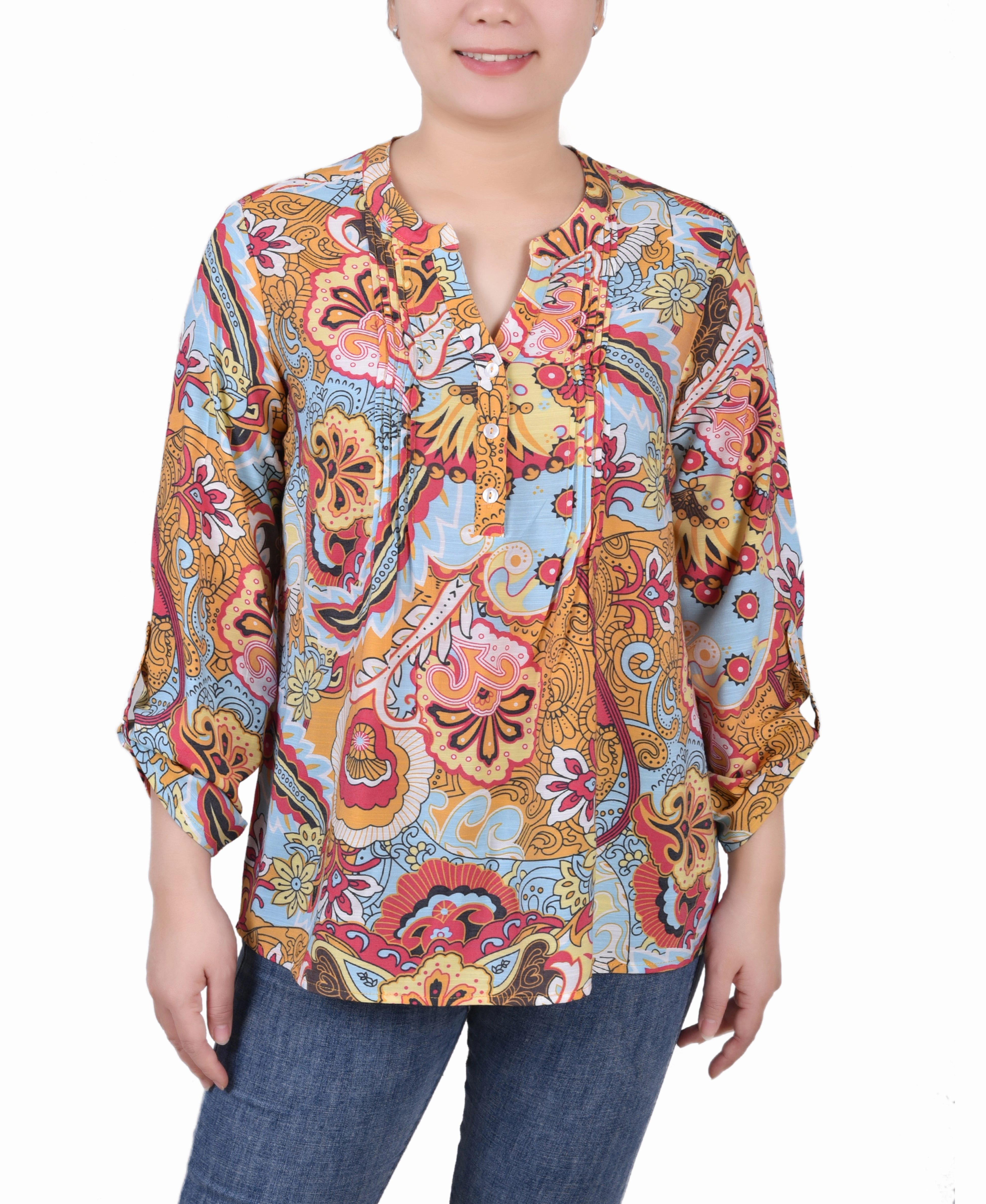 Long Roll Tab Sleeve Pintuck Front Blouse Ergonomic Pattern Design Reinforced Shoulder Seams