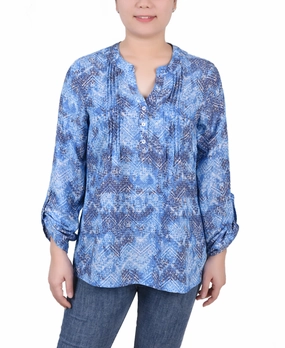 Long Roll Tab Sleeve Pintuck Front Blouse summer top