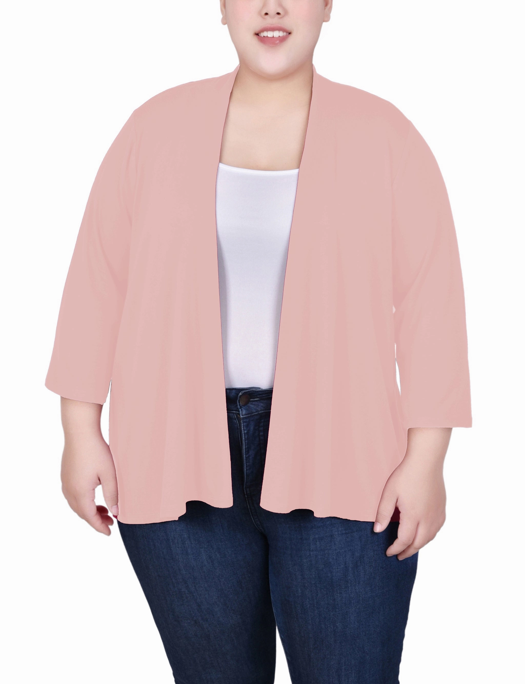 Plus Size Solid 3/4 Sleeve Cardigan Curved Hem