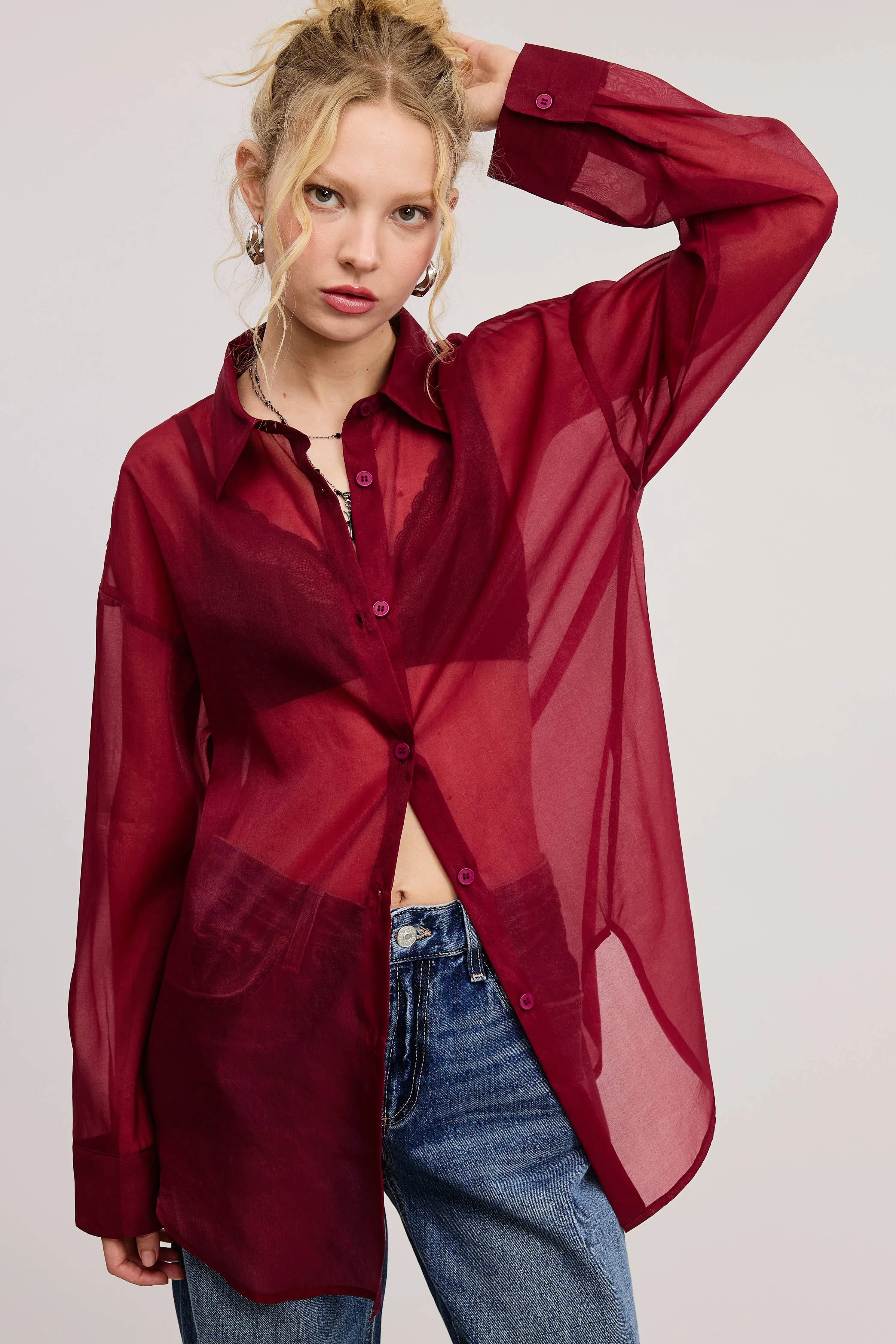 Sheer Organza Button-Down High Neckline Structure Antistatic