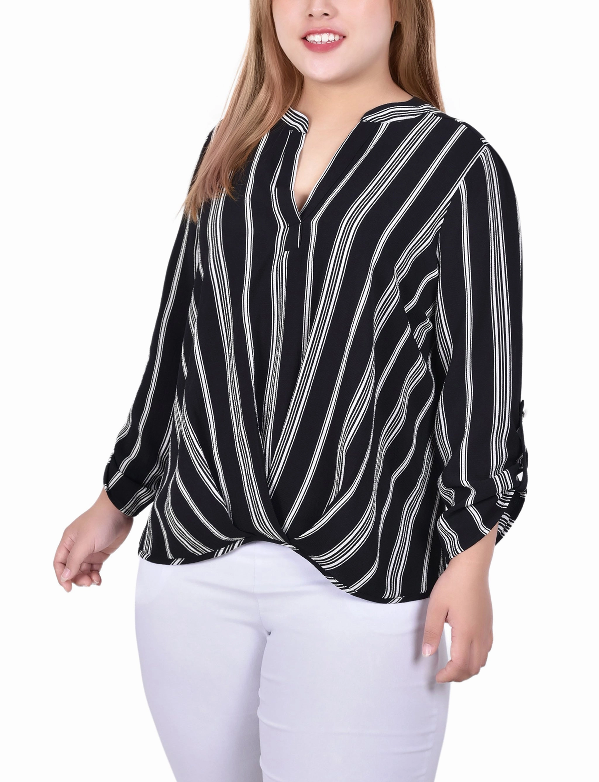 Plus Size 3/4 Sleeve Mandarin Collar Blouse With Front Pleats Breathable Microfiber Convertible Style