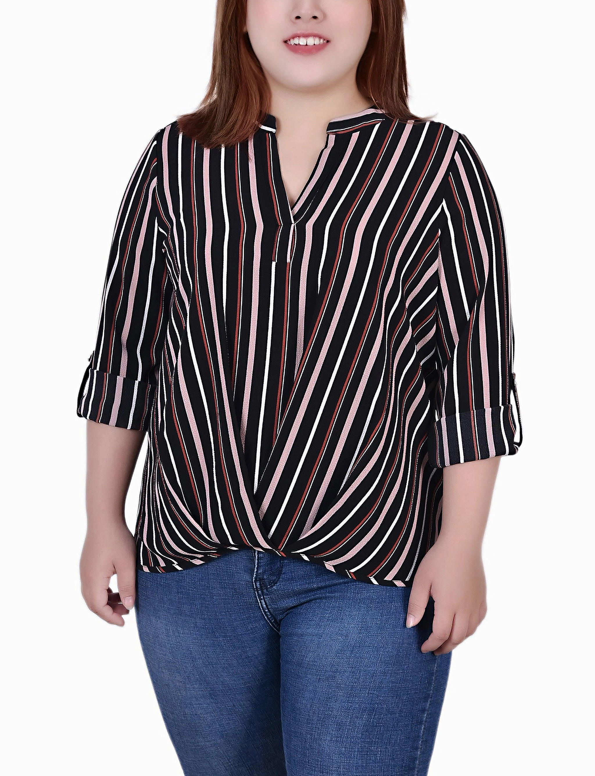 All-Purpose Plus Size 3/4 Sleeve Mandarin Collar Blouse With Front Pleats