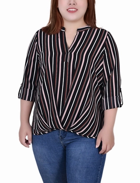 All-Purpose Plus Size 3/4 Sleeve Mandarin Collar Blouse With Front Pleats