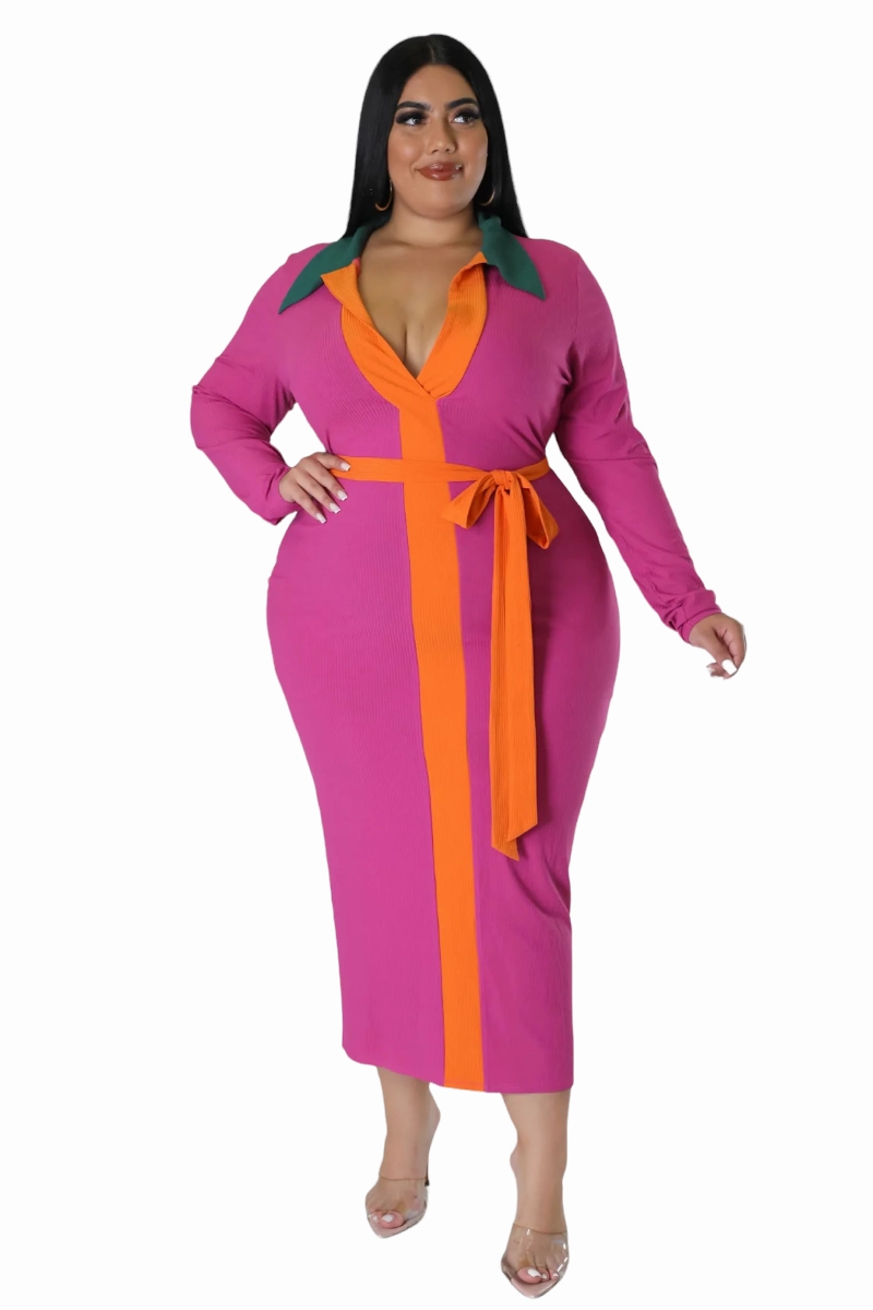 Final Sale Plus Size Collar V Neck Ribbed Midi Dress with Tie in Magenta, Orange and Green Stay Dry Static free