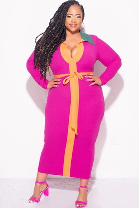 Full Coverage Street Ready Final Sale Plus Size Collar V Neck Ribbed Midi Dress with Tie in Magenta, Orange and Green