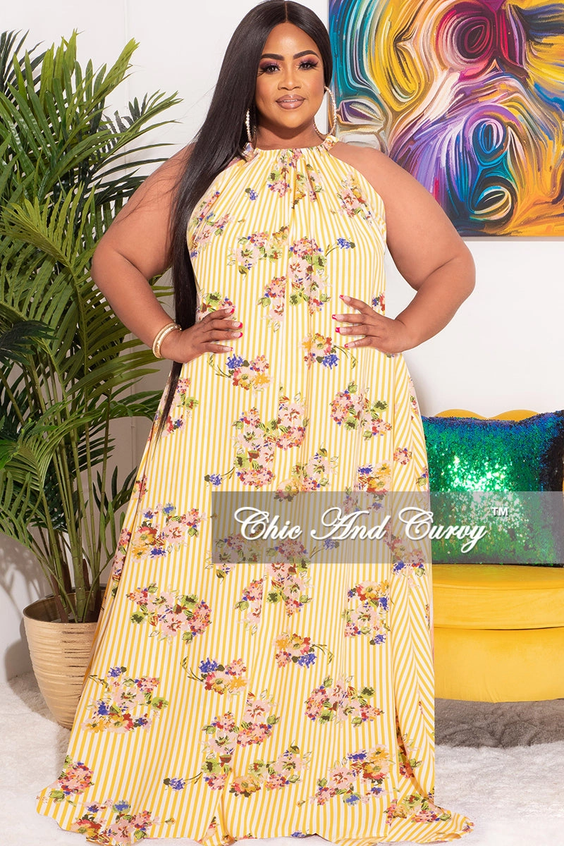Final Sale Plus Size Long Halter Dress with Back Tie in Striped  Floral Print StaticDissipative Belt loops