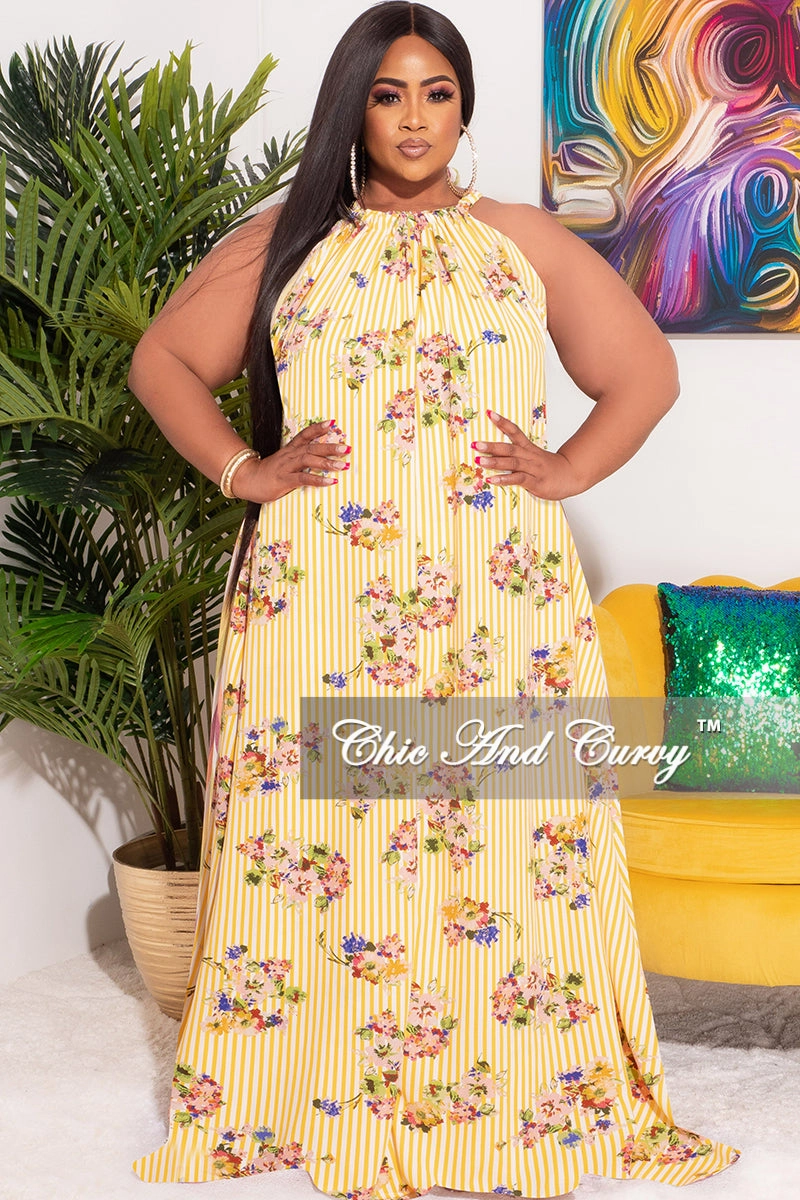 Pocket Reinforcement Final Sale Plus Size Long Halter Dress with Back Tie in Striped  Floral Print
