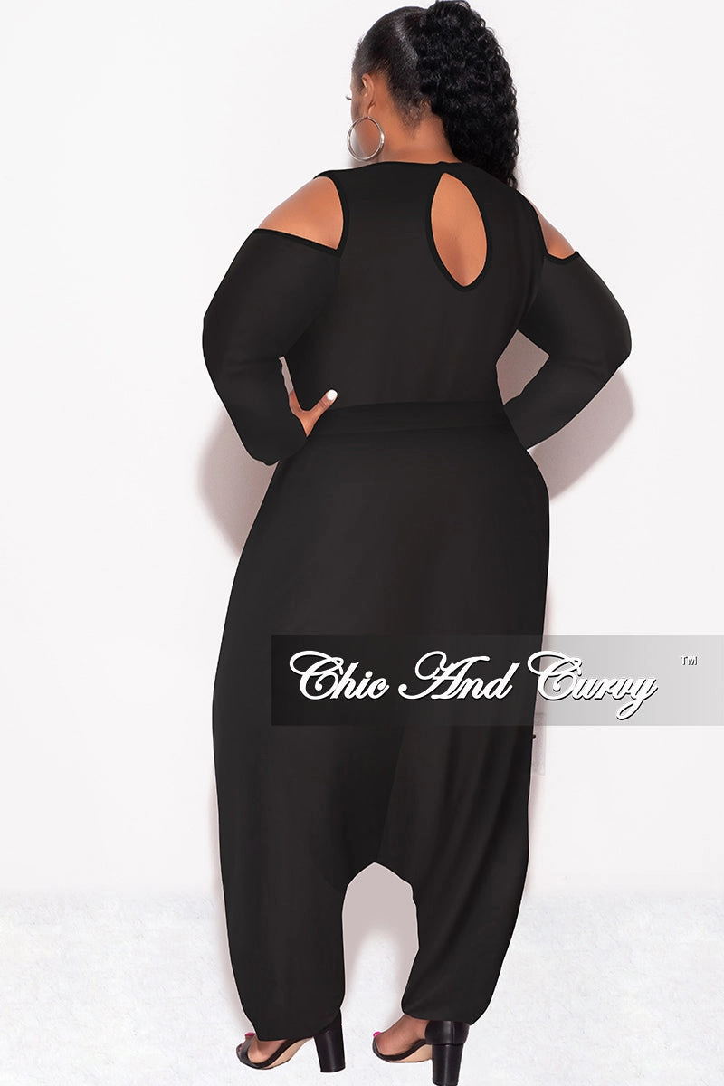 Core Fit Final Sale Plus Size Cold Shoulder Harem Jumpsuit in Black