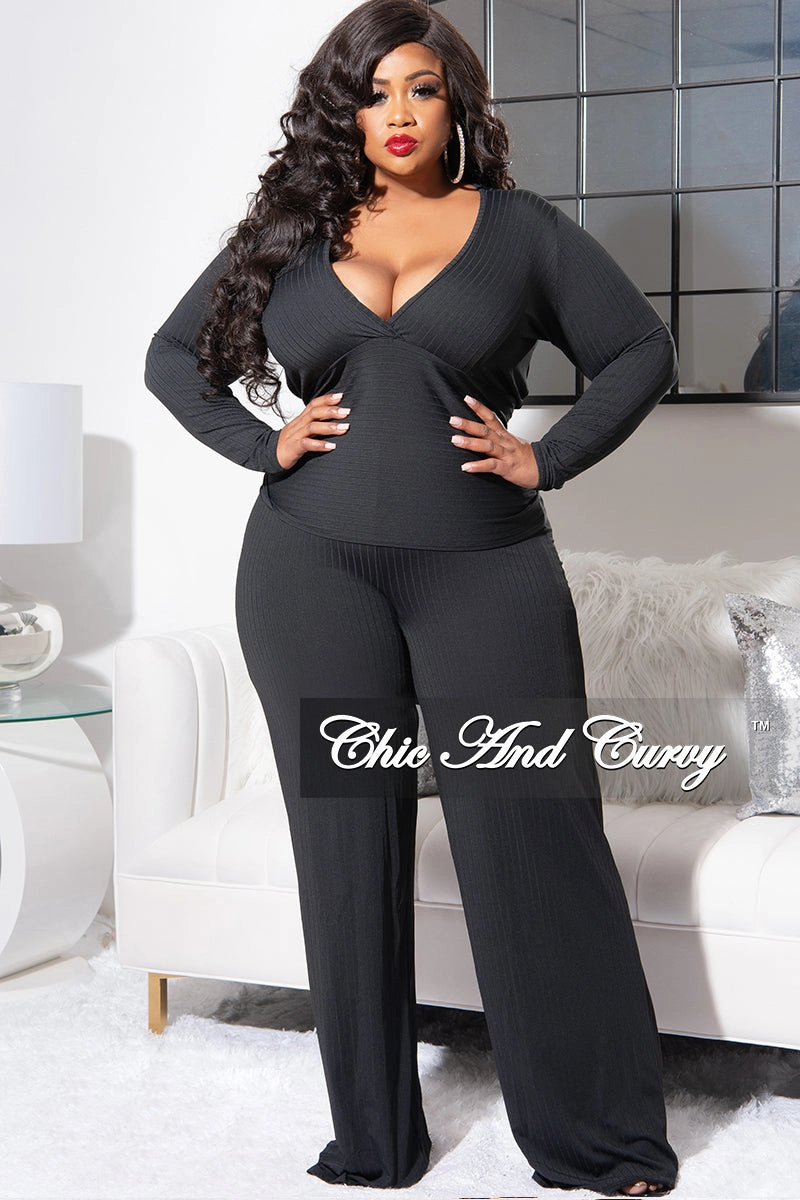 Final Sale Plus Size Ribbed 2pc Set with Peplum Front and Crop Back Top & Pants in Black Quick Dry Fabric No Gap Waistband