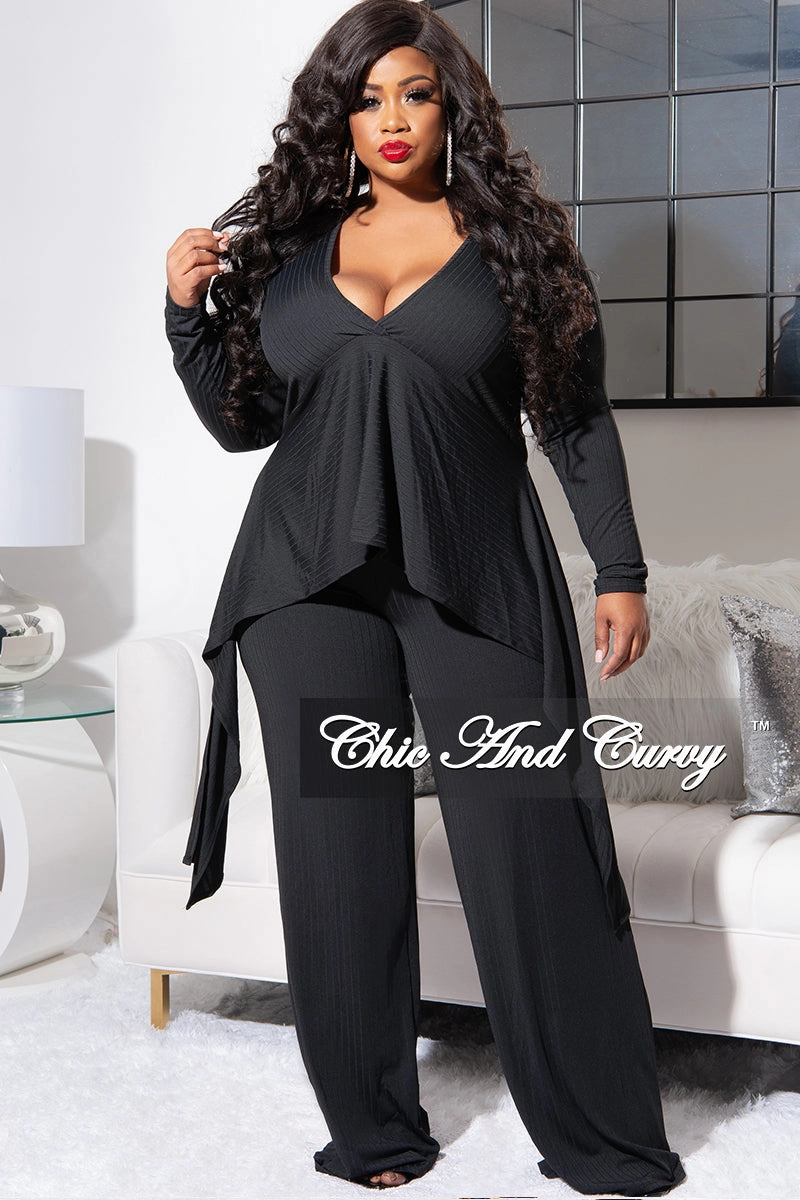Final Sale Plus Size Ribbed 2pc Set with Peplum Front and Crop Back Top & Pants in Black Flexible Layer