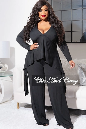 Adjustable loop Final Sale Plus Size Ribbed 2pc Set with Peplum Front and Crop Back Top & Pants in Black