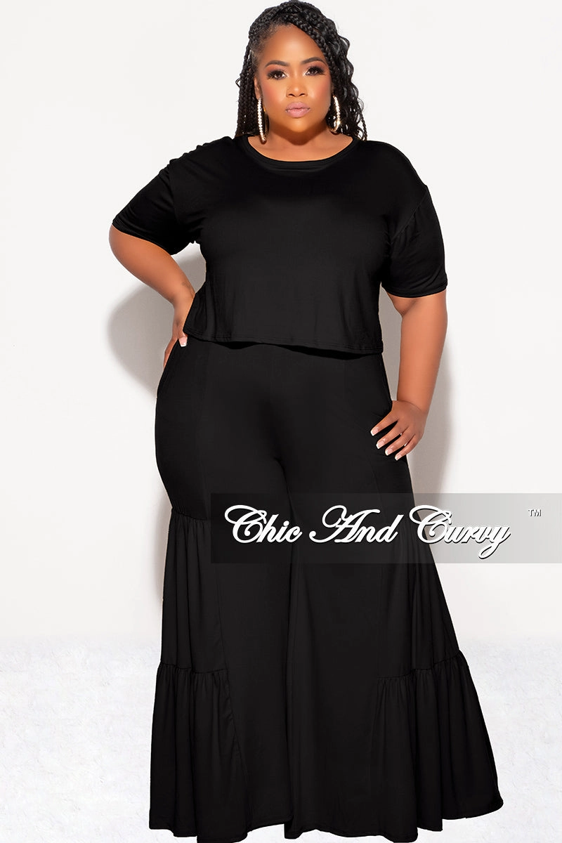 Denim finish Non Binding Cuffs Final Sale Plus Size 2pc Crop Tie Top and 3-Layer Pants Set in Black