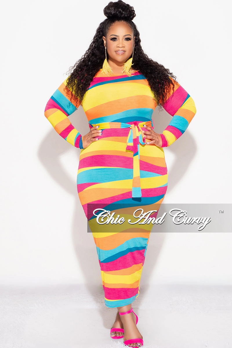 Final Sale Plus Size BodyCon Dress with Tie in Multi Color Stripe Print Mid-rise fit AntiStaticLining