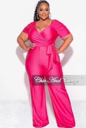 Final Sale Plus Size Off the Shoulder Faux Wrap Shiny Jumpsuit In Pink Yoga Ready Slim Silhouette
