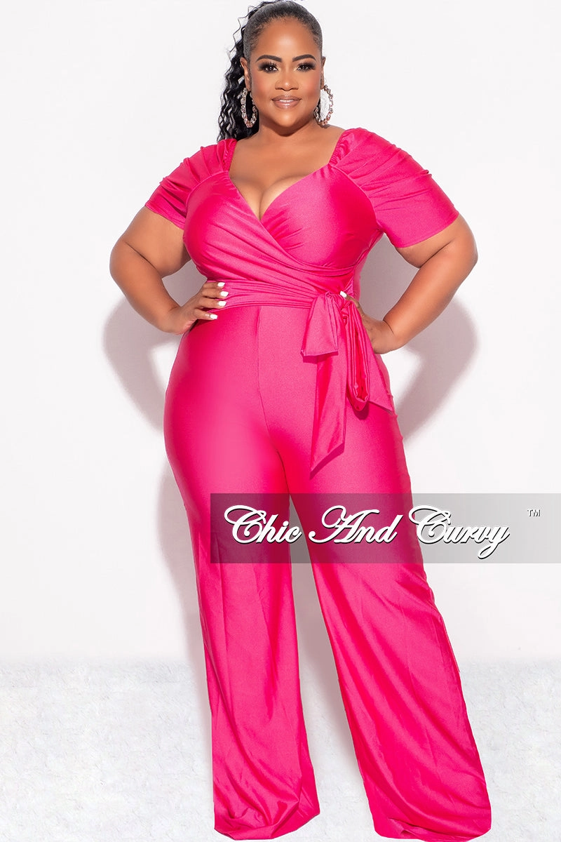 Final Sale Plus Size Off the Shoulder Faux Wrap Shiny Jumpsuit In Pink Yoga Ready Slim Silhouette