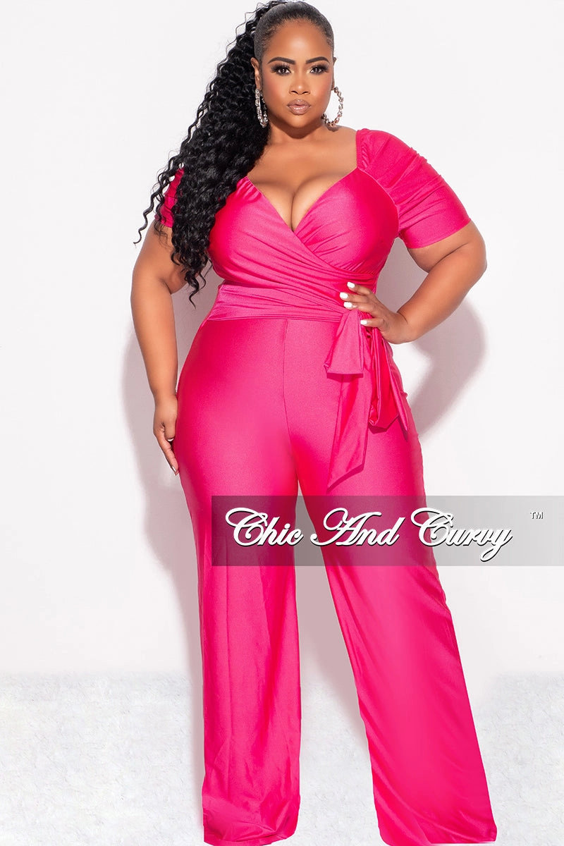 HighWaistSupport SoftCottonBlend Final Sale Plus Size Off the Shoulder Faux Wrap Shiny Jumpsuit In Pink