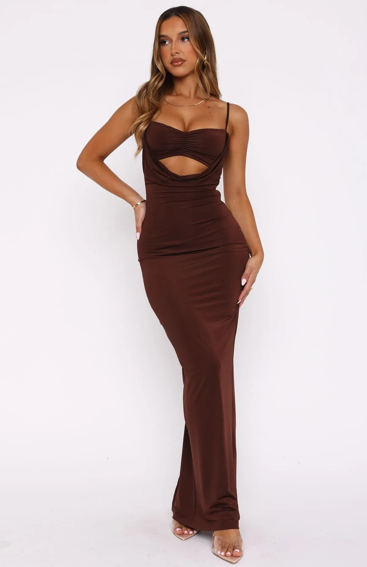 Double Layered Hood Assembly Hit The City Maxi Dress Chocolate