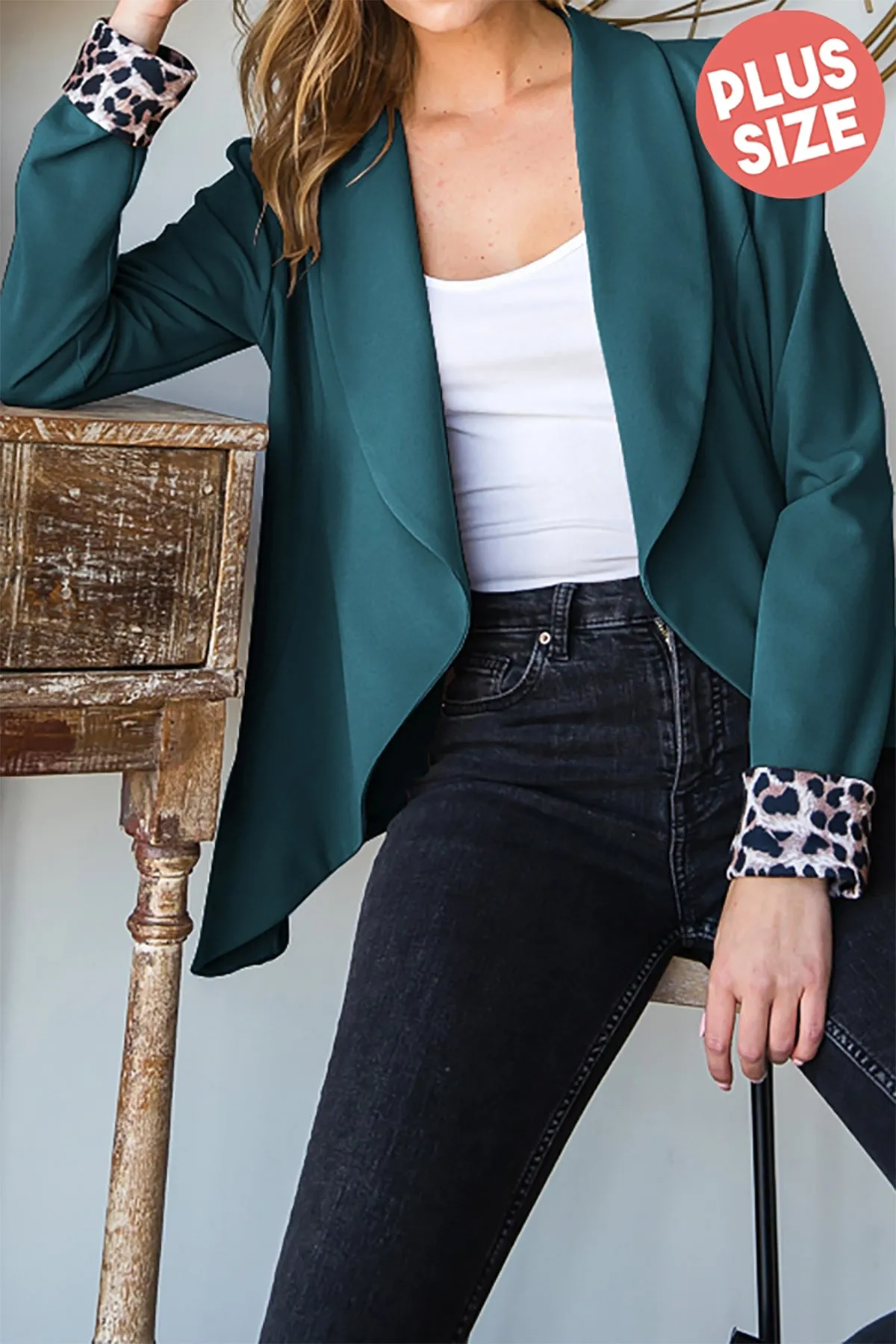 HM-EJ6742-10X - PLUS SIZE LEOPARD PRINT CONTRAST SOLID OPEN BLAZERS 2-2-2