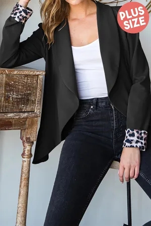 HM-EJ6742-10X - PLUS SIZE LEOPARD PRINT CONTRAST SOLID OPEN BLAZERS 2-2-2