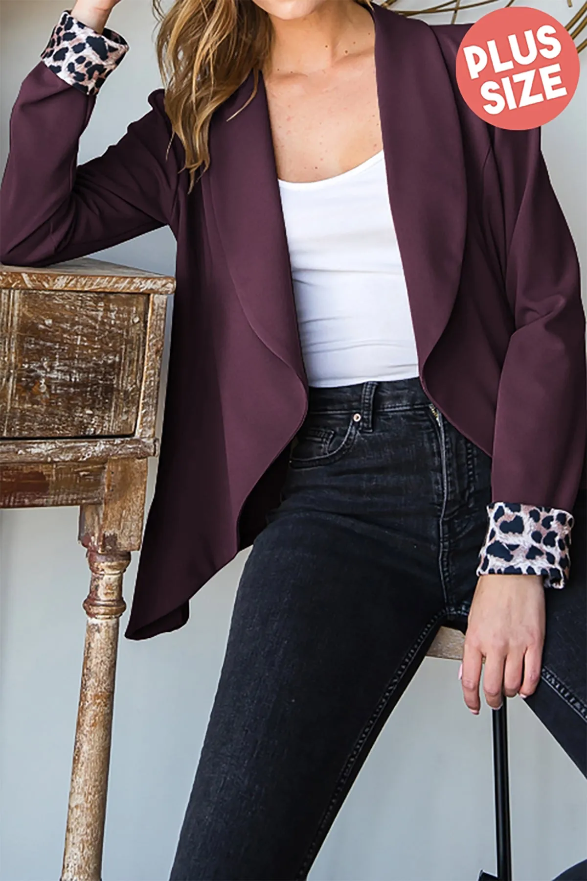 HM-EJ6742-10X - PLUS SIZE LEOPARD PRINT CONTRAST SOLID OPEN BLAZERS 2-2-2