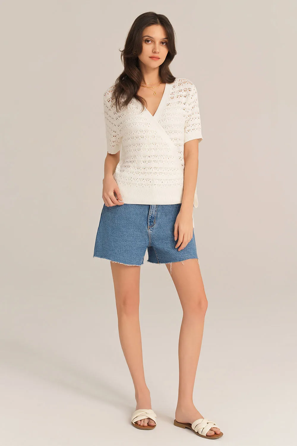 Hollowed-out Short Sleeve V-Neck Wrap Front Knitted Cardigan