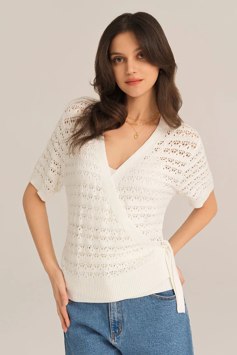 Hollowed-out Short Sleeve V-Neck Wrap Front Knitted Cardigan