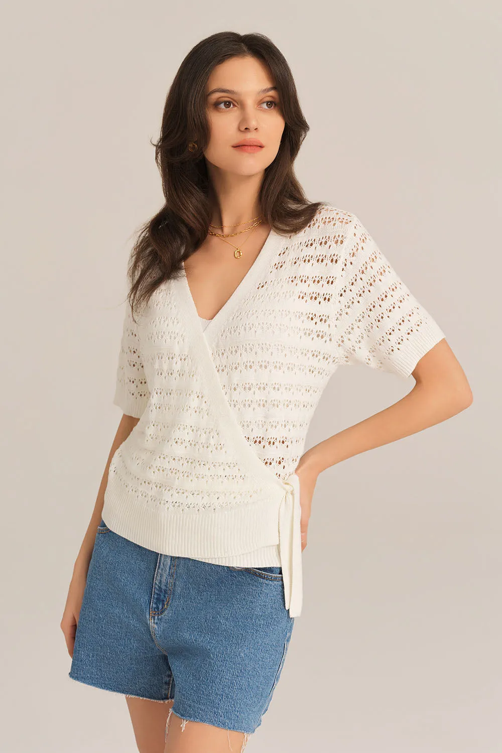 Hollowed-out Short Sleeve V-Neck Wrap Front Knitted Cardigan