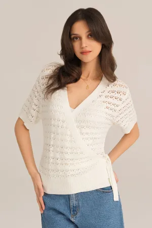 Hollowed-out Short Sleeve V-Neck Wrap Front Knitted Cardigan