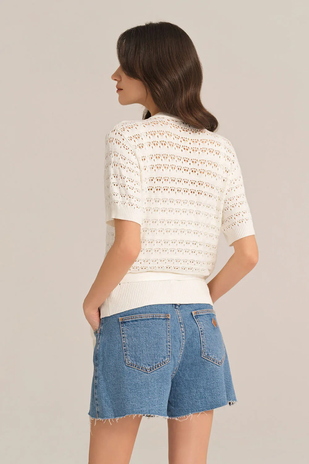 Hollowed-out Short Sleeve V-Neck Wrap Front Knitted Cardigan