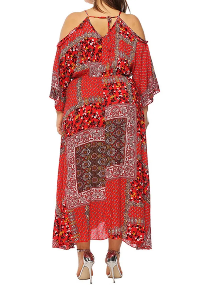 Horn Sleeve Retro Print Long Dress