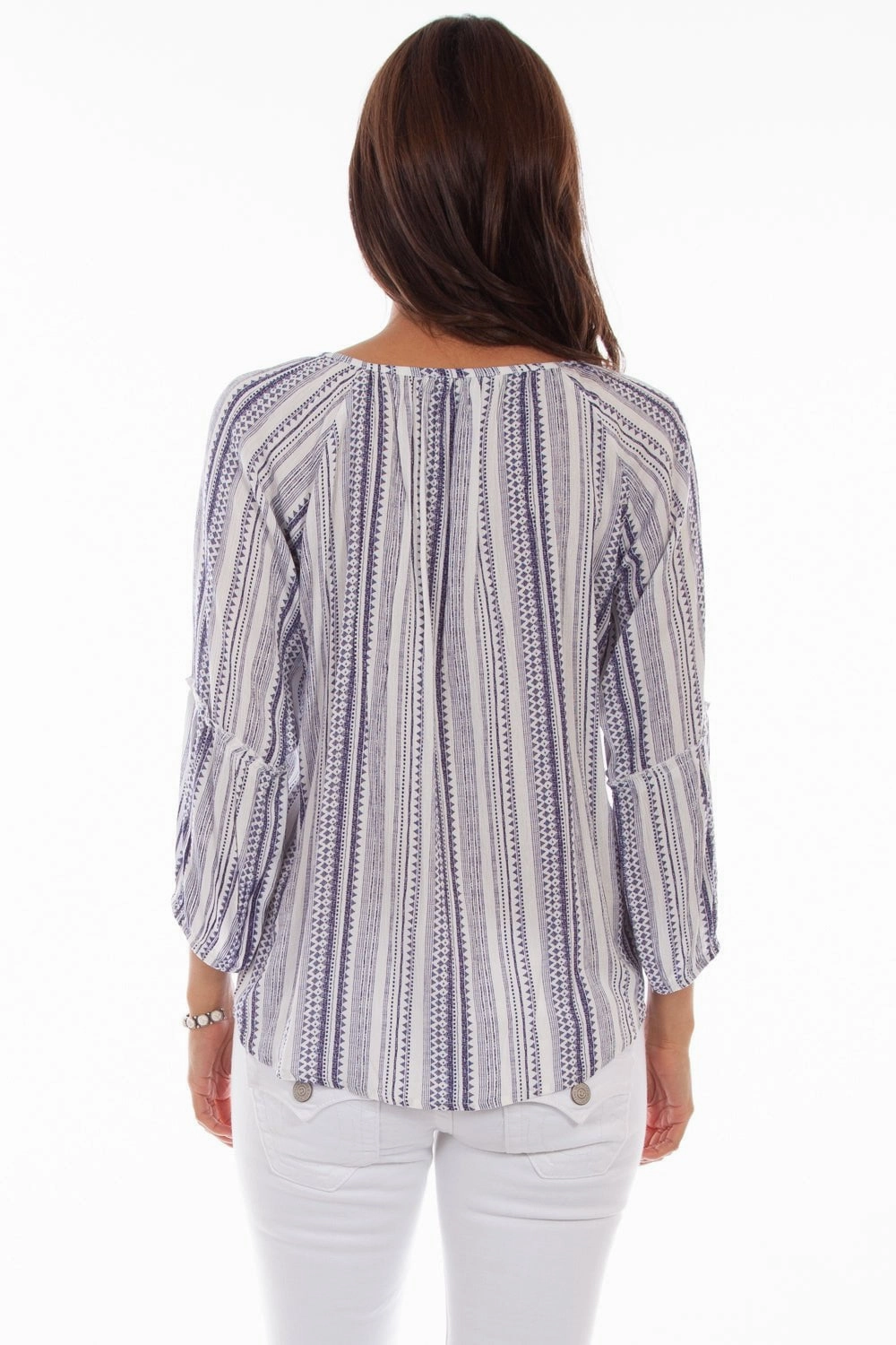 Stretchable Material Fashion Forward Design Scully Womens Navy Rayon Geo Peasant S/S Tunic