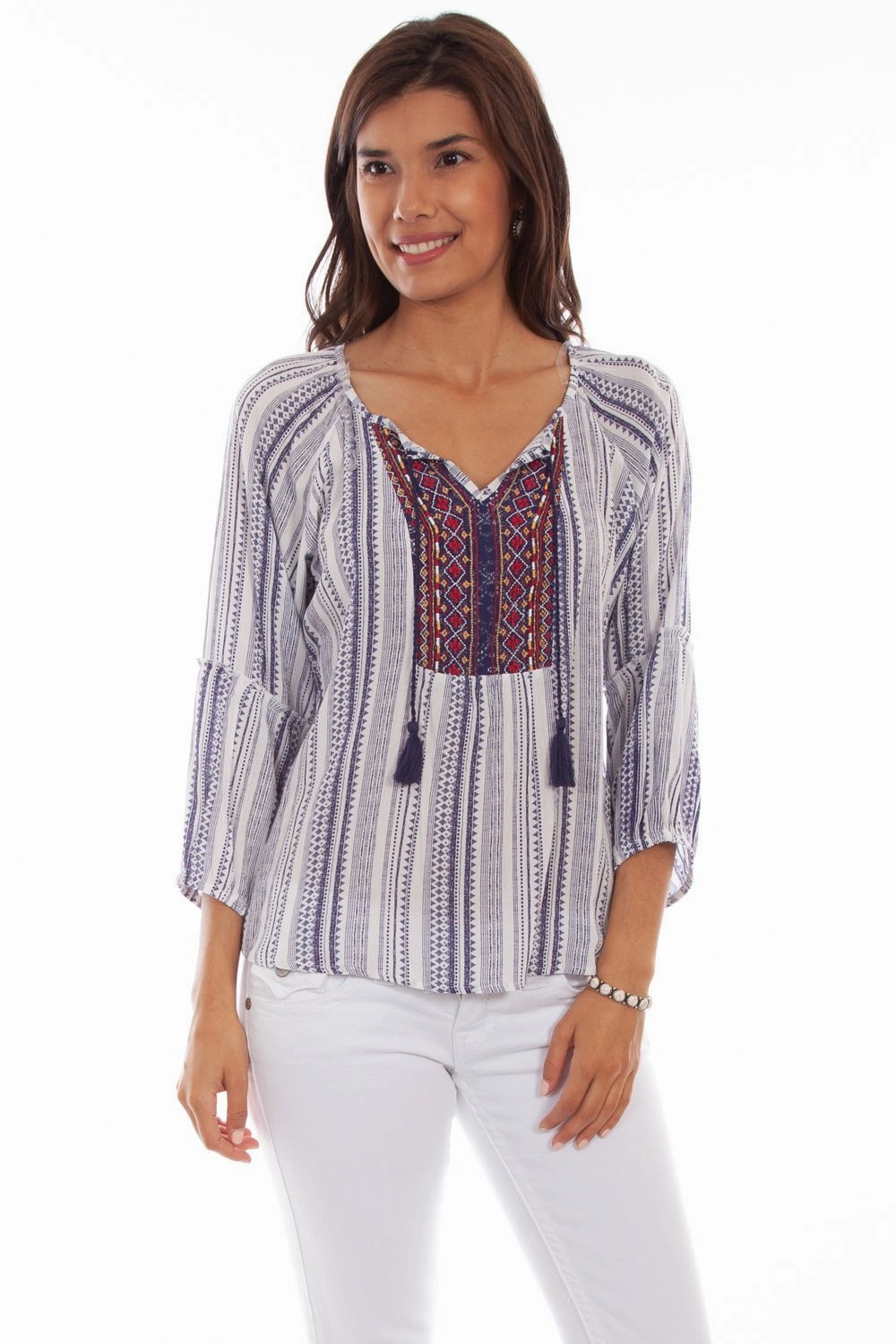 High-Quality Material Scully Womens Navy Rayon Geo Peasant S/S Tunic