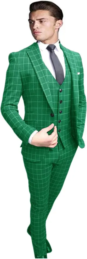 HOTK Men's Suits Custom Made 3 Piece Wedding/Business Tuxedos Checked Notch Lapel Slim Fit Formal Suits