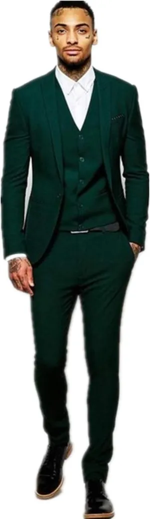 HOTK Men's Suits Green Peak Lapel 3 Piece Groom Tuxedos Slim Fit Wedding Business Casual Suits