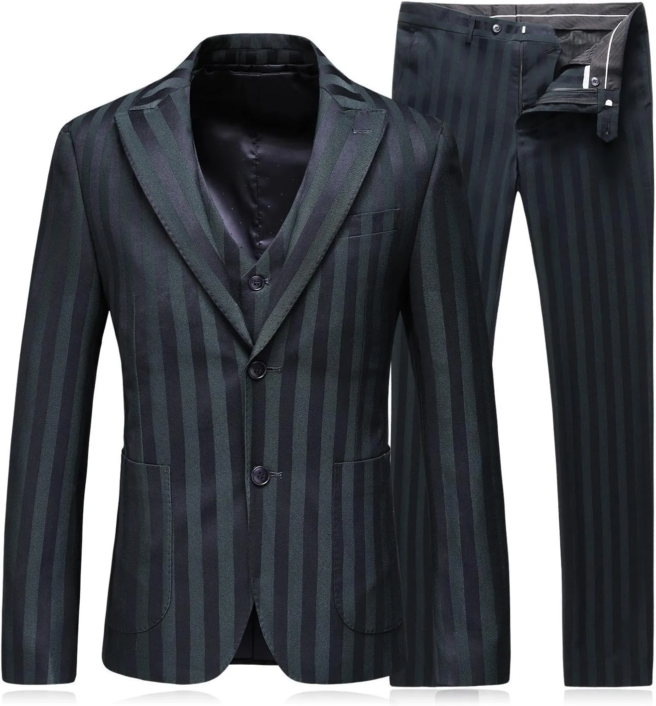 HOTK Men's Suits Green Stripe Wedding Tuxedos Two Buttons Handsome Slim Fit 3 Piece Business Suits