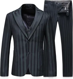 HOTK Men's Suits Green Stripe Wedding Tuxedos Two Buttons Handsome Slim Fit 3 Piece Business Suits