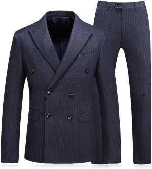 HOTK Men's Suits Handsome Wedding Navy Blue Pinstripe Double Breasted Slim Fit 3 Piece Business Foraml Suits