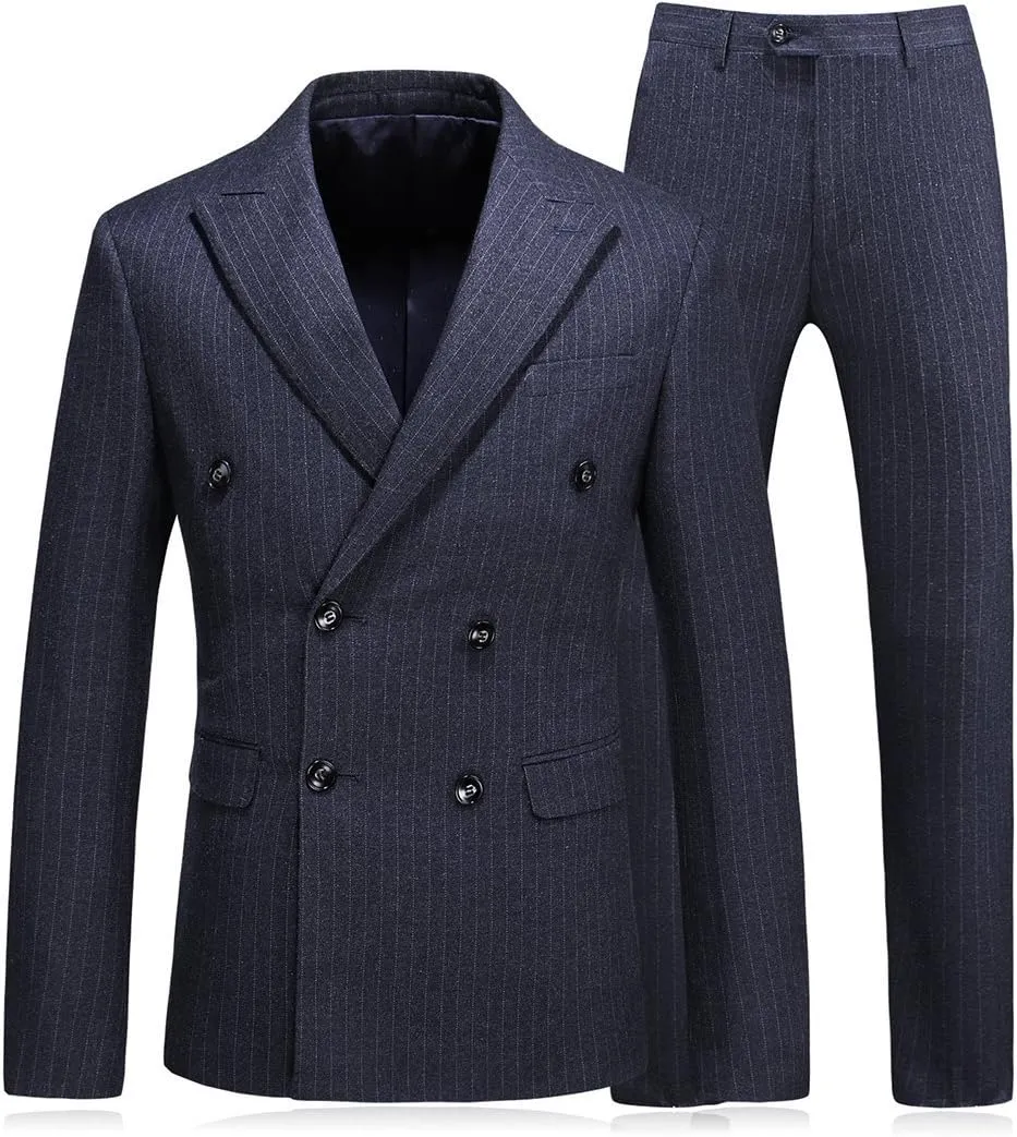 HOTK Men's Suits Handsome Wedding Navy Blue Pinstripe Double Breasted Slim Fit 3 Piece Business Foraml Suits
