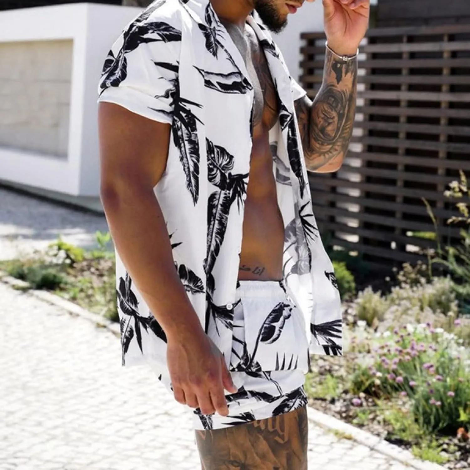 HUANLE Collar Suit for Men Shirts Sleeve Pants Mens Summer Shorts Short & Beach Sets 2-Piece Printed Men Suits