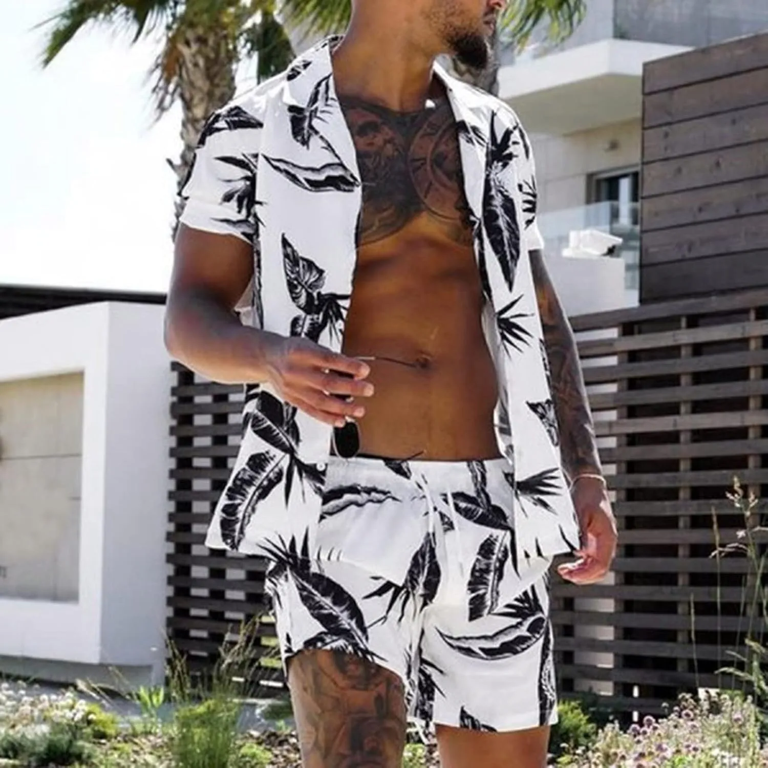 HUANLE Collar Suit for Men Shirts Sleeve Pants Mens Summer Shorts Short & Beach Sets 2-Piece Printed Men Suits