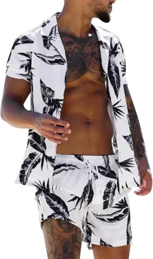 HUANLE Collar Suit for Men Shirts Sleeve Pants Mens Summer Shorts Short & Beach Sets 2-Piece Printed Men Suits