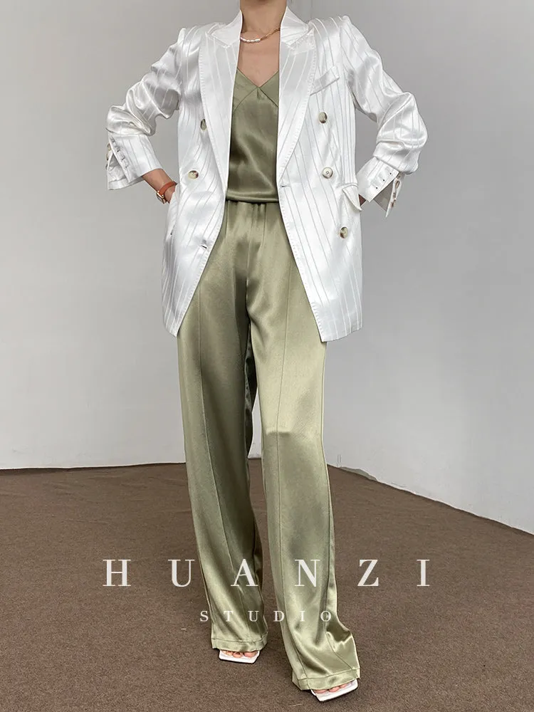 Huanzi high end tri-acetic satin drape high-end suit white silk blazer suit -Bioba