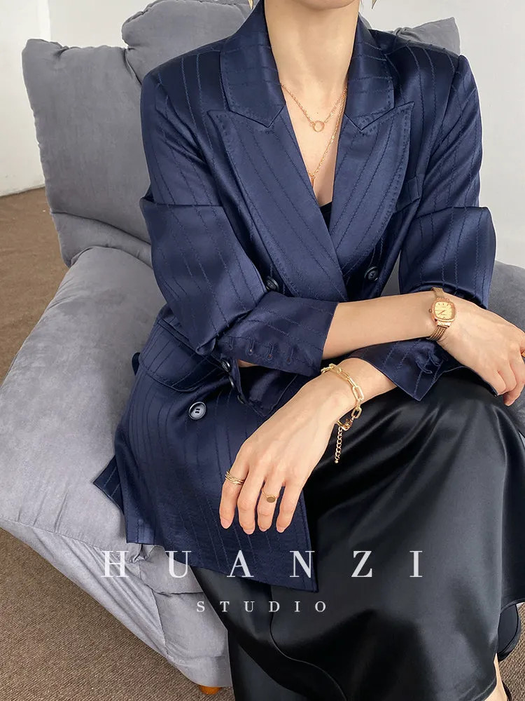 Huanzi high end tri-acetic satin drape high-end suit white silk blazer suit -Bioba