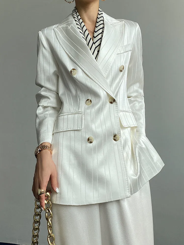 Huanzi high end tri-acetic satin drape high-end suit white silk blazer suit -Bioba