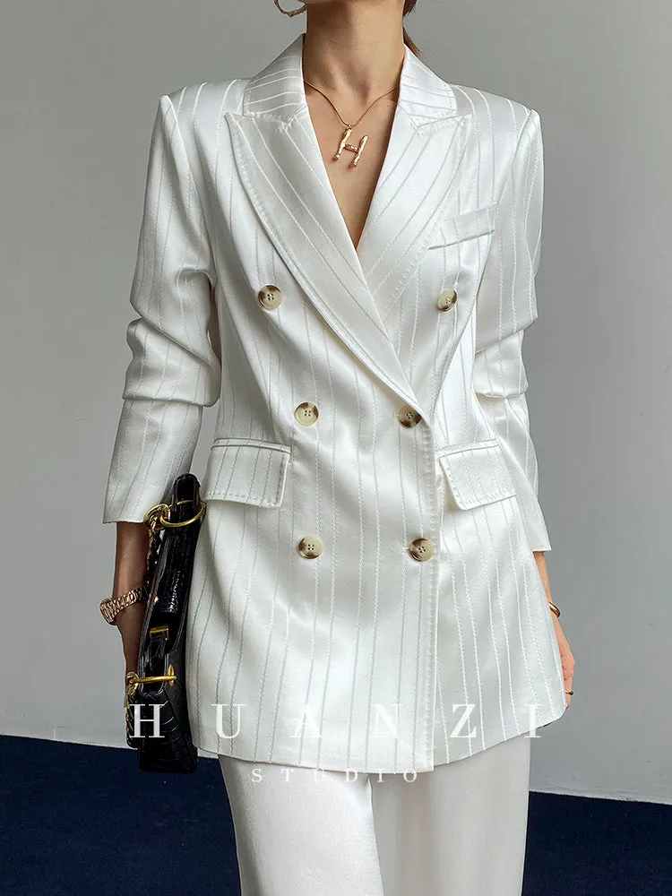 Huanzi high end tri-acetic satin drape high-end suit white silk blazer suit -Bioba
