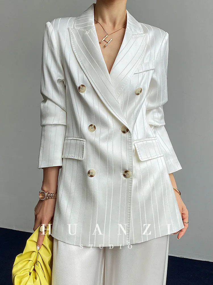 Huanzi high end tri-acetic satin drape high-end suit white silk blazer suit -Bioba